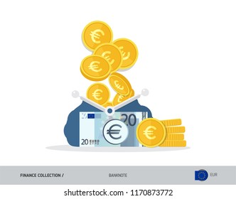 Blue opened purse with 20 Euro Banknote and coins. Flat style vector illustration. Business concept.