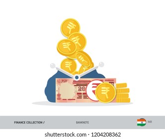 Blue opened purse with 20 Indian Rupee Banknote and coins. Flat style vector illustration. Business concept.