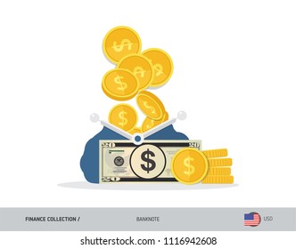 Blue opened purse with 20 US Dollar Banknote and coins. Flat style vector illustration. Business concept.