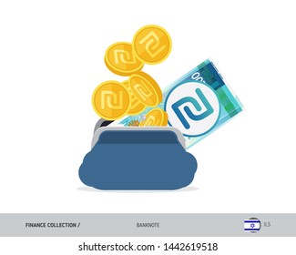 Blue opened purse with 200 Israeli New Shekel banknote and coins. Flat style vector illustration. Business concept.