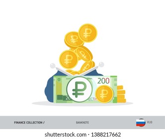 Blue opened purse with 200 Russian Ruble banknote and coins. Flat style vector illustration. Business concept.