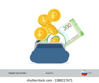 Blue opened purse with 200 Russian Ruble banknote and coins. Flat style vector illustration. Business concept.