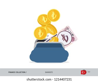 Blue opened purse with 200 Turkish Lira Banknote and coins. Flat style vector illustration. Business concept.
