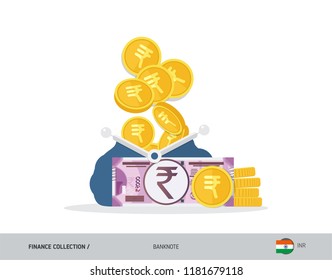 Blue opened purse with 2000 Indian Rupee Banknote and coins. Flat style vector illustration. Business concept.