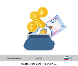 Blue opened purse with 2000 Russian Ruble banknote and coins. Flat style vector illustration. Business concept.