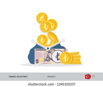 Blue opened purse with 5 Turkish Lira Banknote and coins. Flat style vector illustration. Business concept.