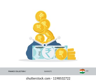 Blue opened purse with 50 Indian Rupee Banknote and coins. Flat style vector illustration. Business concept.