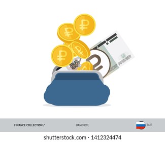 Blue opened purse with 50 Russian Ruble banknote and coins. Flat style vector illustration. Business concept.