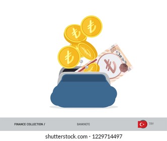 Blue opened purse with 50 Turkish Lira Banknote and coins. Flat style vector illustration. Business concept. 