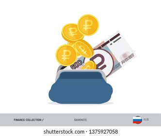 Blue opened purse with 500 Russian Ruble banknote and coins. Flat style vector illustration. Business concept.