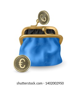 The Blue, opened purse. Gold coins raining to open wallet. Golden coins money, euro dropping or falling in open purse. Realistic Vector illustration