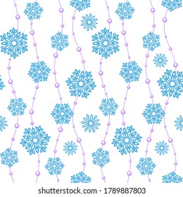 Copos de nieve con apertura azul y ondas longitudinales violetas con cuentas en un fondo blanco. Patrón de vectores sin fisuras para el diseño festivo, papel tapiz de Navidad, banner, embalaje, envoltura y papel de envoltura