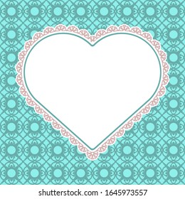 Blue openwork Valentine card with delicate heart. Vector template for layouts Wedding cards, greeting postcard Saint Valentine's Day, design for page book, interior decoration or printing.