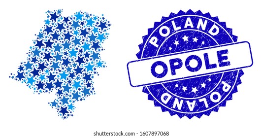 Blue Opole Voivodeship map mosaic of stars, and grunge round stamp. Abstract geographic plan in blue color hues. Vector Opole Voivodeship map is formed of blue stars.