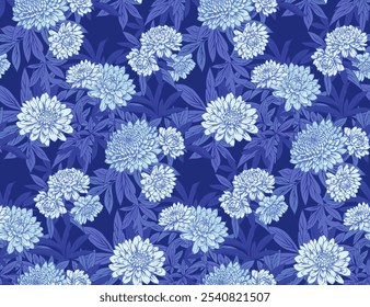 Blue opulent blooming seamless floral pattern. Abstract artistic chrysanthemum peonies dahlias flowers on branches leaves print. Vector drawn illustration. Nature ornament