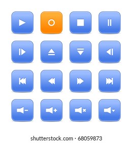 Blue and orange 16 media control web 2.0 buttons. Rounded square shapes with shadow on white