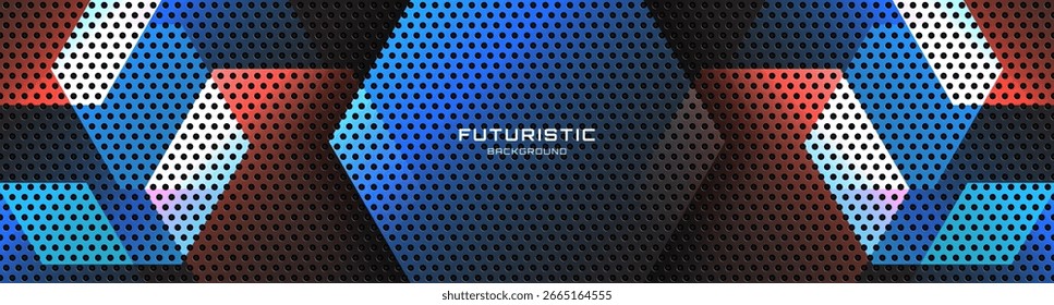 O fundo abstrato laranja azul sobrepõe a camada no espaço escuro com a decoração de efeito de hexágonos brilhantes. Conceito de estilo de pontos de elemento de design gráfico moderno para capa de web, arte, folheto, cartão ou brochura