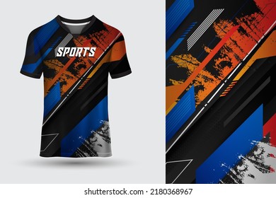 Blue and orange abstract jersey suitable for racing, soccer, gaming and cycling