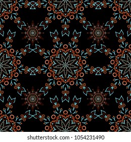 Blue and orange abstract ornament, vector seamless pattern of abstract decorative elements.