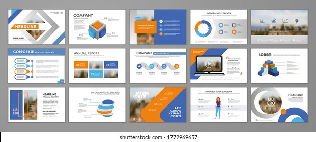 Blue and orange abstract presentation slide templates. Infographic elements template set for web, print, annual report brochure, business flyer leaflet marketing and advertising template. Vector Illus