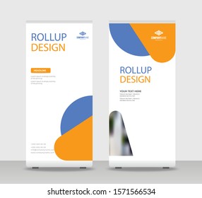 Blue orange Abstract Shapes Modern Exhibition Advertising Trend Business Roll Up Banner Stand Poster Brochure flat design template creative concept. White background Roll Up EPS. Presentation Cover