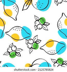 Patrón transparente de Apple azul y naranja y de vectores Peach blanco. Fondo de la fruta de la caricatura. Impresión de dibujo de cítricos y arándanos de color.