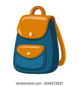 Blue and orange backpack. Cartoon vector isolated illustration on white background.