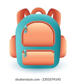 Mochila azul y naranja para ilustración 3D de viaje. Dibujo de caricatura de una bolsa para turistas o mochileros en estilo 3D sobre fondo blanco. Accesorios, viajes, vacaciones, turismo, concepto de aventura