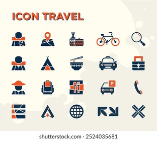 Blue and orange backpacking travel related icons