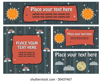 blue and orange banners with sun, clouds, moon and rainbows. with copy space