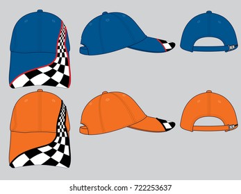 Blue and Orange Baseball Cap With Racing Checkered Lines Pattern Design On Gray Background
