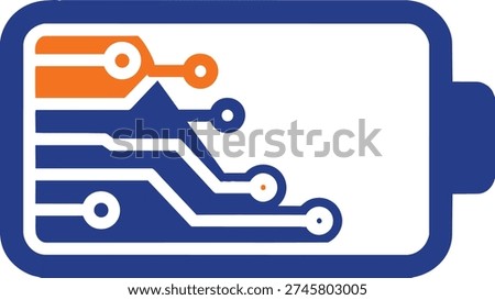 Blue and orange battery icon with circuit board design on transparent background
