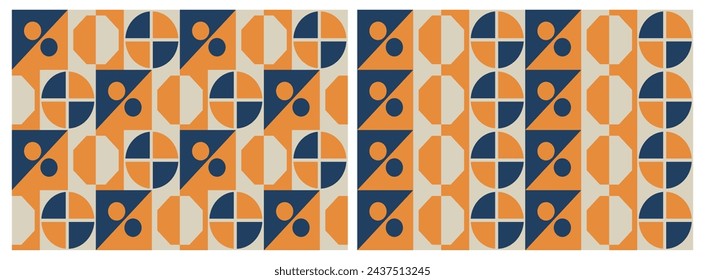  blue, orange, beige colors geometrical basic shapes seamless repeated pattern. Boho style Aesthetic. Vector illustration
