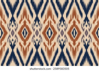 Blue Orange Beige Ikat Seamless Pattern Traditional Textile Ethnic Boho Vintage Woven Geometric Ornamental Abstract Striped Decorative Fabric Folk Classic Handmade Stylish Design Artistic Craft