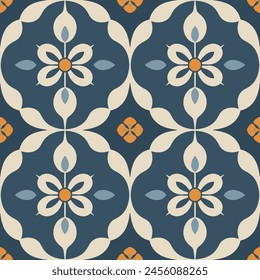 Blue, orange and beige luxury vector seamless pattern. Ornament, Traditional, Ethnic, Arabic, Turkish, Indian motifs. Great for fabric and textile, wallpaper, packaging design or any desired idea.