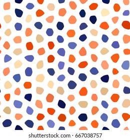 Blue, orange, beige polka dot seamless pattern on white background. Round polygon stone texture. Abstract vector, greeting cards.