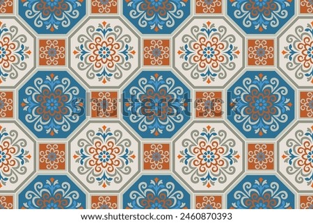 Blue, orange and beige vector seamless tiles pattern. Ornament, Traditional, Ethnic, Arabic, Turkish, Indian motifs. Great for fabric and textile, wallpaper, packaging design or any desired idea.
