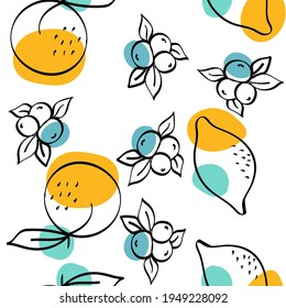 Blue and Orange Orange and Berry Vector White Seamless Pattern. Sketch Lemon Wallpaper. Bright Citrus and Blueberry Cartoon Design.