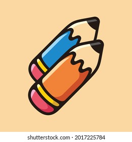 Blue and orange big two pencil colored cartoon symbol logo style line art illustration design vector