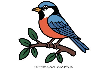 A blue and orange bird is perched on a brown tree branch with green leaves, showcasing its vibrant plumage in a side profile view, highlighting its distinctive features and colors, in a simple yet detailed illustration.