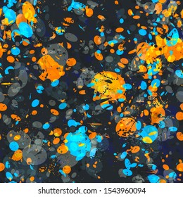 Blue, orange, black seamless texture. Splatter pattern. Abstract vector background for web page, banners backdrop, fabric, home decor, wrapping