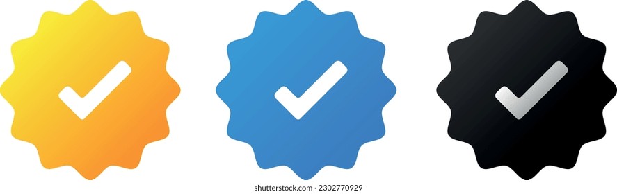 Blue, orange, black verified social media account icons collection. Approved profile sign. Tick in rounded corners star. Check mark. Safety person icon for web.