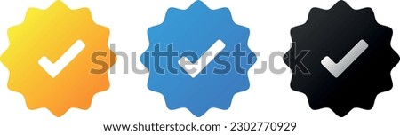 Blue, orange, black verified social media account icons collection. Approved profile sign. Tick in rounded corners star. Check mark. Safety person icon for web. Stock foto © 