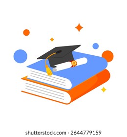 Blue and Orange Books with Black Graduation Cap and Diploma for Academic Achievement