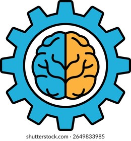 A blue and orange brain is shown in the center of a gear. The brain is split into two halves, with the left half being blue and the right half being orange
