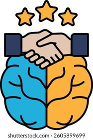 A blue and orange brain with three stars on it. The blue brain is holding hands with the orange brain, symbolizing collaboration and teamwork. The stars represent success and achievement