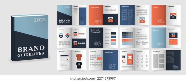 Blue and Orange Brand Guidelines template. Brand Manual presentation in A4 size. Logo Guideline mockup. Logo Guide Book layout. Logotype presentation