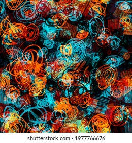 Blue and orange bright seamless pattern with scribbles. Abstract vector background for web page, banners backdrop, fabric, home decor, wrapping