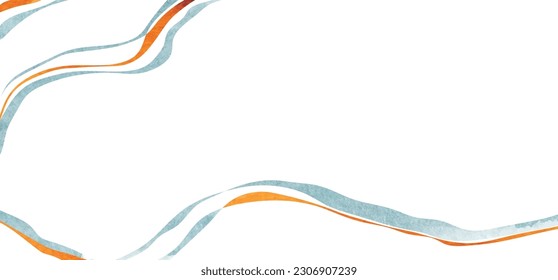 Blue and orange brush stroke texture with Japanese ribbon and wave pattern in vintage style. Abstract art landscape banner design with watercolor texture vector