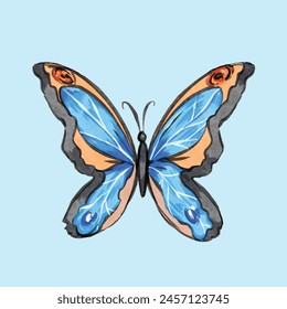 Ilustración vectorial de mariposa azul y naranja aislada sobre fondo cuadrado. Dibujo de dibujos animados colorido plano simple estilo boceto.